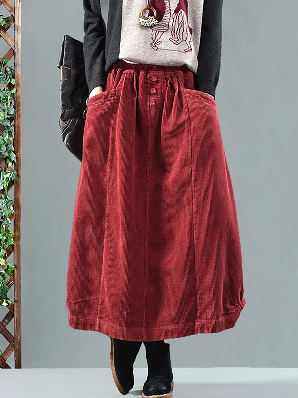 Quality Tailoring Plus Size Elastic Waist Calf Length Spring Corduroy Skirt