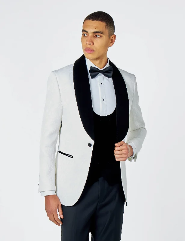 High-end Customization ARCHIE – White Tuxedo 3 Piece Suit Damask Jacquard Print