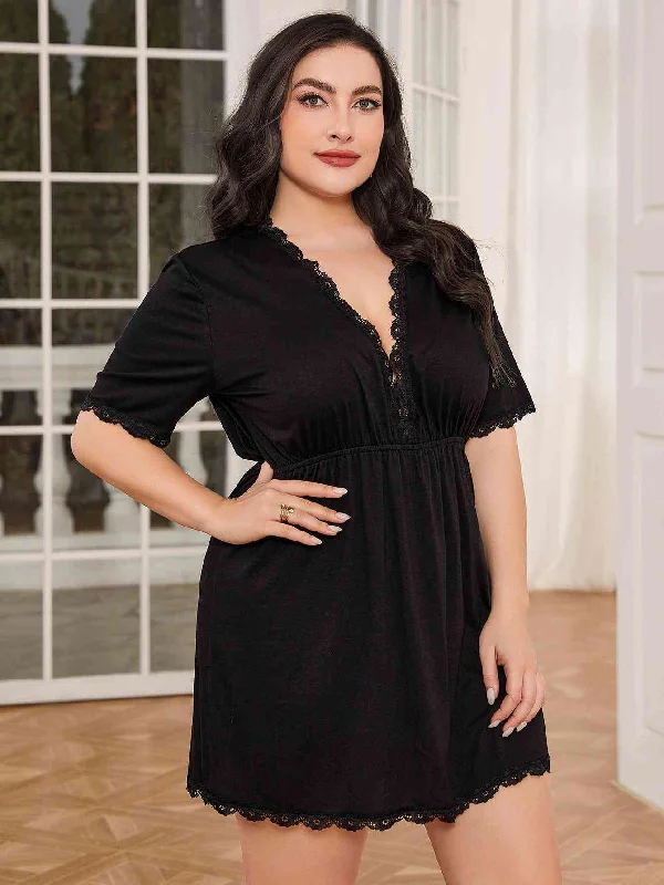 Urban Style Plus Size Lace Trim Deep V Night Dress