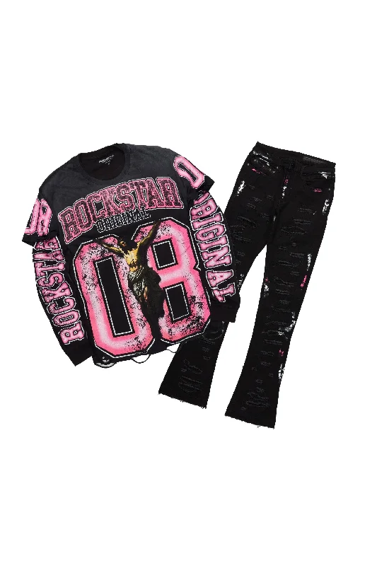 Casual Hoodies Fields Black Double Layer T-Shirt/Stacked Flare Jean Bundle