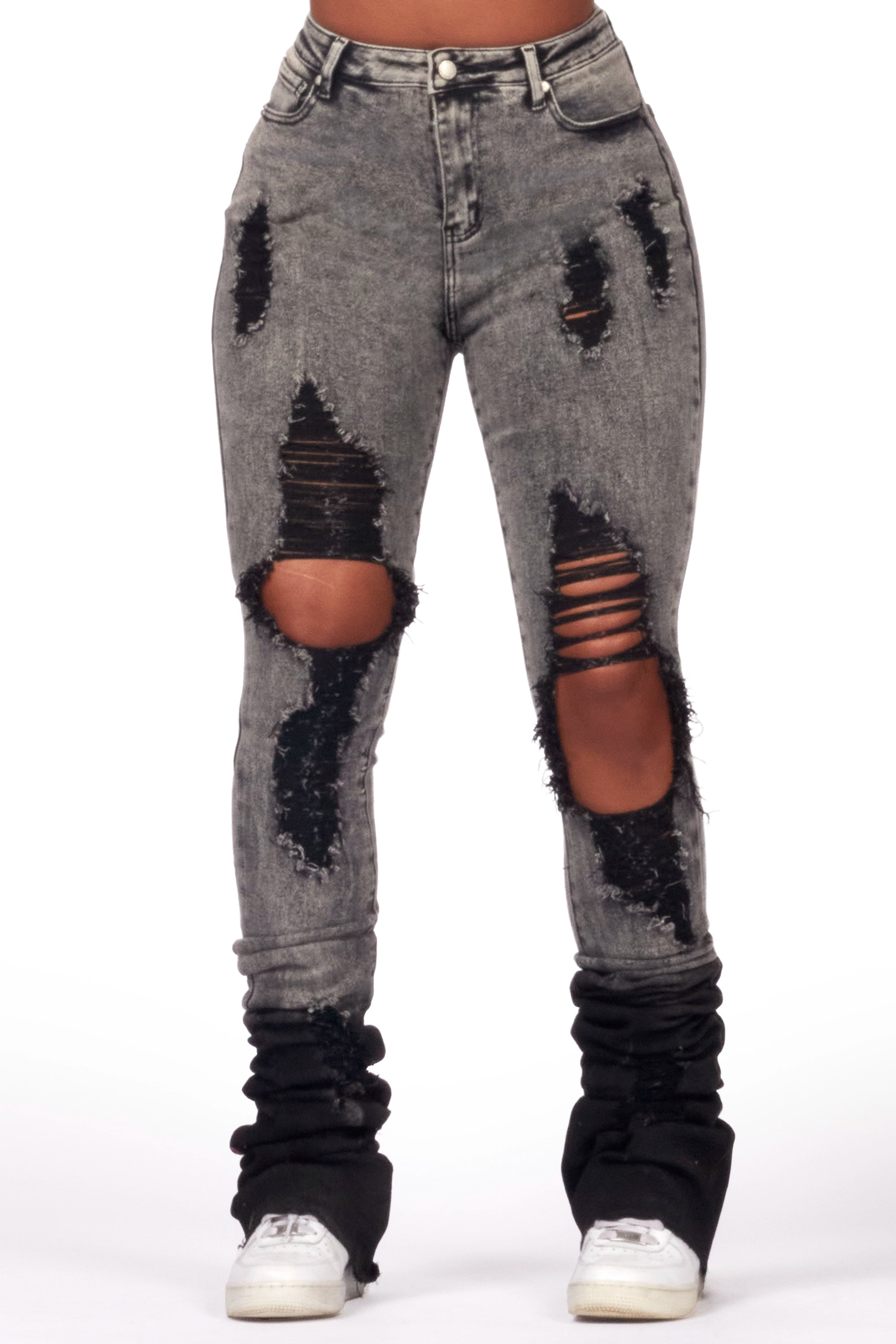 Cute Design Shyanna Black Wash Distressed Super Stacked Jean