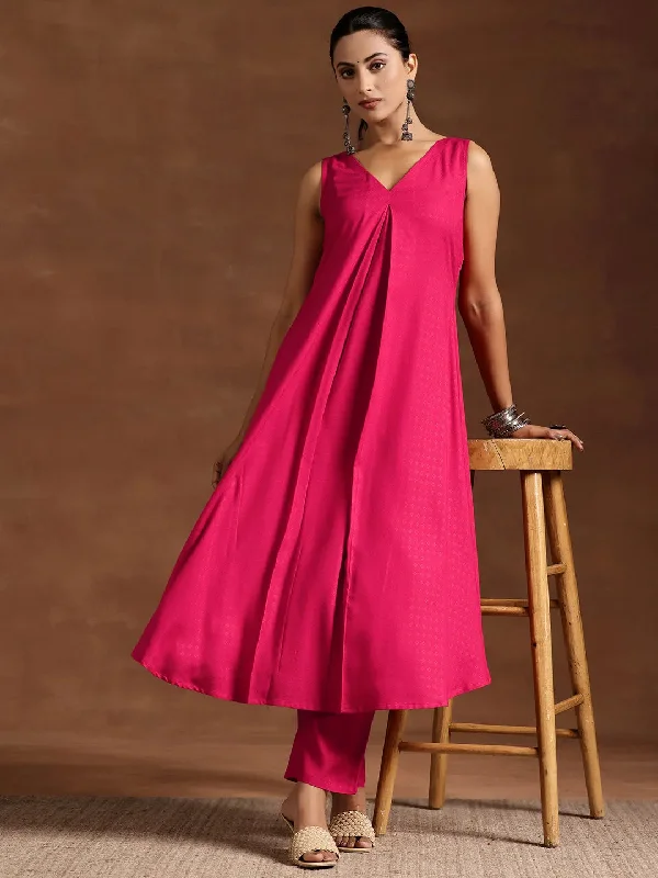 Retro Design Pink Woven Design Rayon A-Line Kurta With Trousers