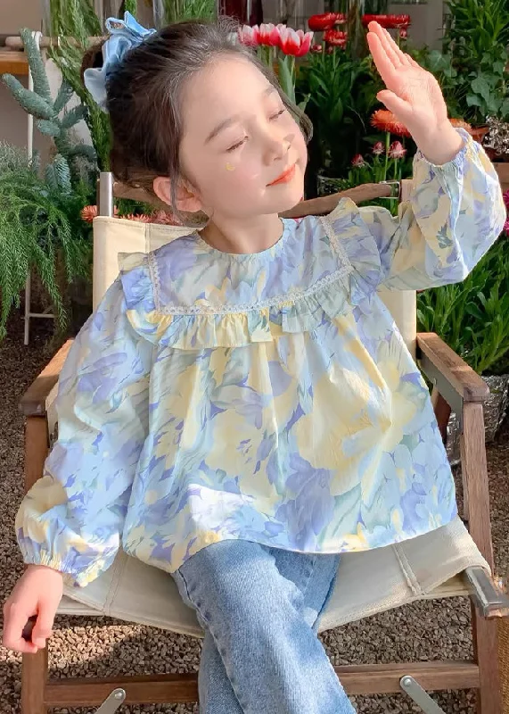 Fashion Design Cute Blue Ruffled Print Cotton Girls Blouses Spring