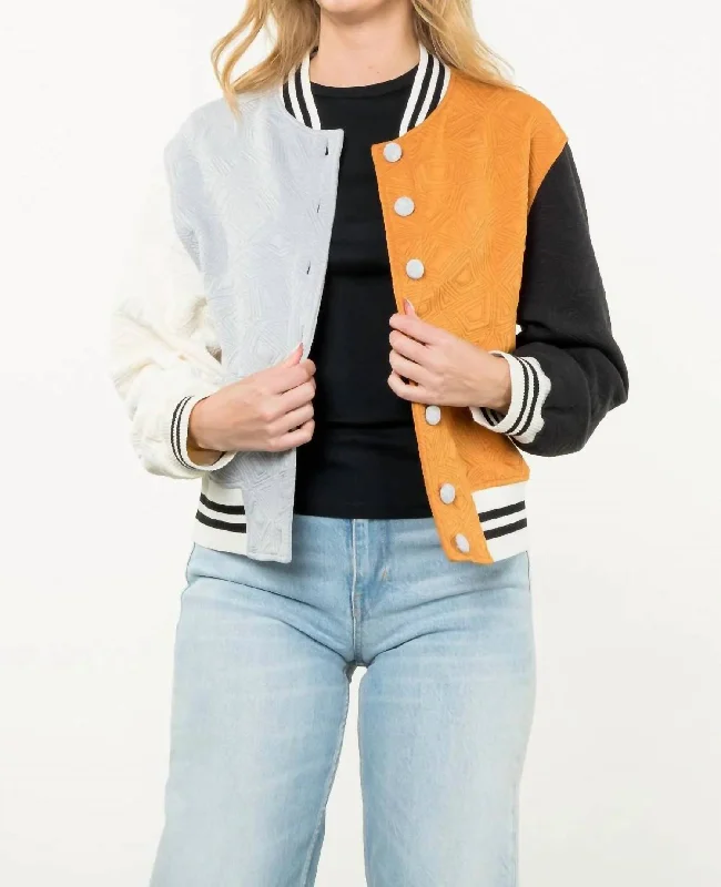 Fashion Classic Colorblock Button Up Jacket In Orange/neutral
