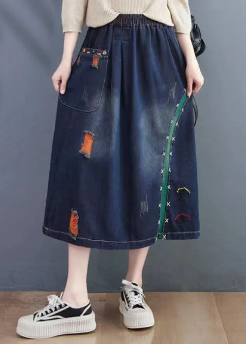 Classic Color Art Navy Embroideried Hole Summer Denim Skirt