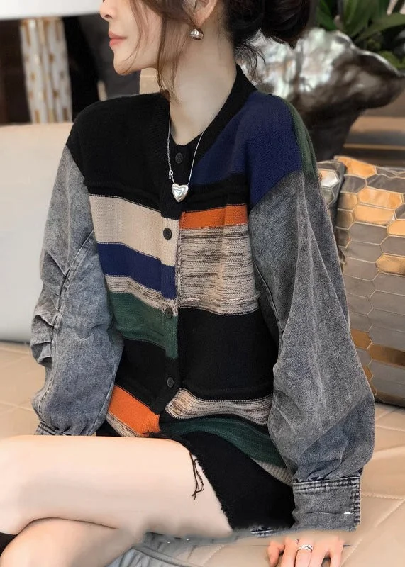 Fashion Expert Colorblock Denim Patchwork Knitted Sweater Coat Women Autumn And Winter 2025