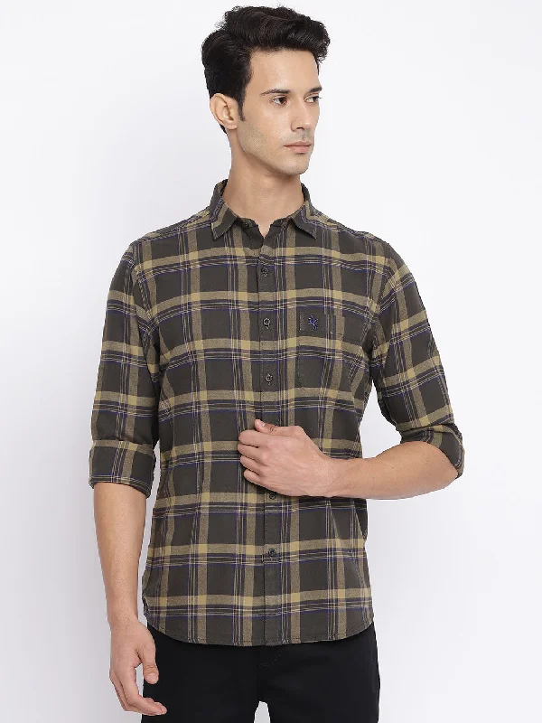 Retro Style Men's Olive Green Casual Big Checks Full Sleeve Shirt