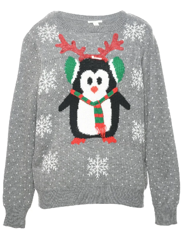 Utility Vests Nordic Print Penguin Christmas Jumper - L