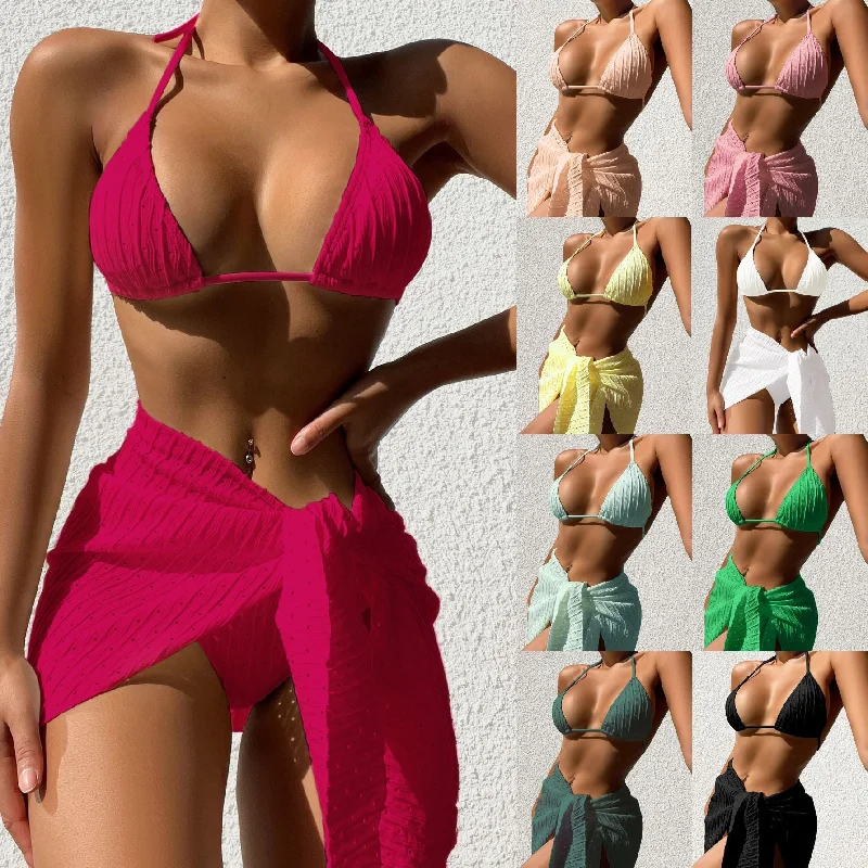 Breathable Design 3pcs Halterneck Swimsuit Set Beach Solid Color Sexy Backless Bikini With Mesh Skirt Summer Womens Clothing Breathable Design 3pcs Halterneck Swimsuit Set Beach Solid Color Sexy Backless Bikini With Mesh Skirt Summer Womens Clothing
