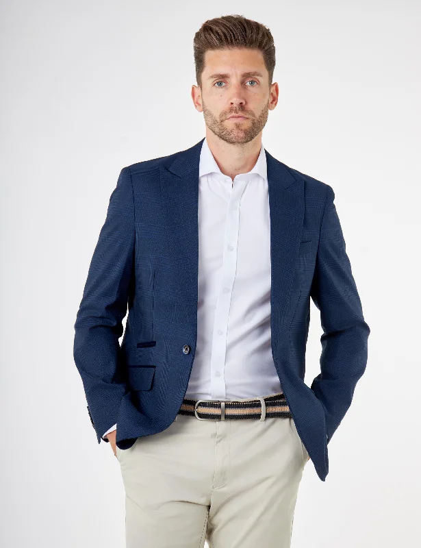 Techwear Fashion EKON – Navy Blue Prince of Wales Check Tailored Suit Jacket