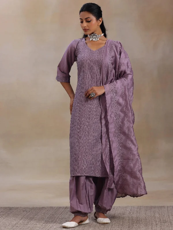 Perfect Tailoring Mauve Self Design Silk Blend Straight Suit With Dupatta
