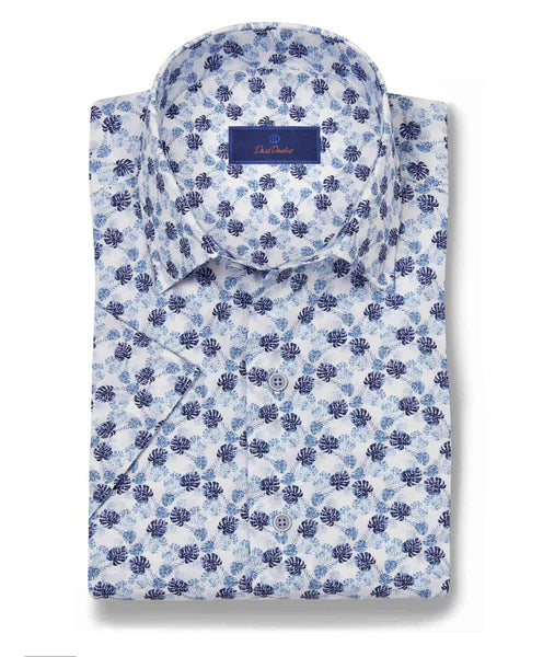 Heavy Coats David Donahue White & Blue Tropical Print Short Sleeve Shirt