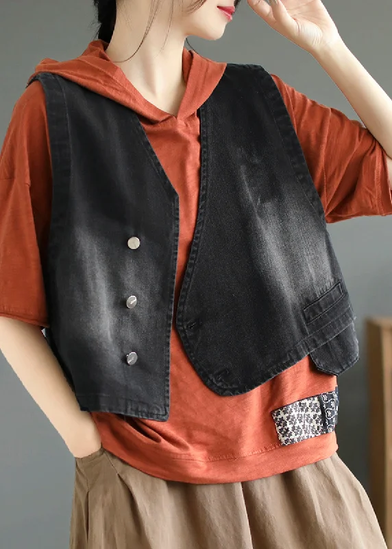 Breathable Design Black Patchwork Button Denim Coat Fall
