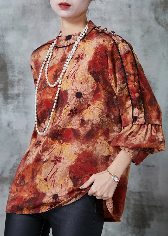 Fashion Must-have Elegant Orange Stand Collar Print Chiffon Blouses Spring