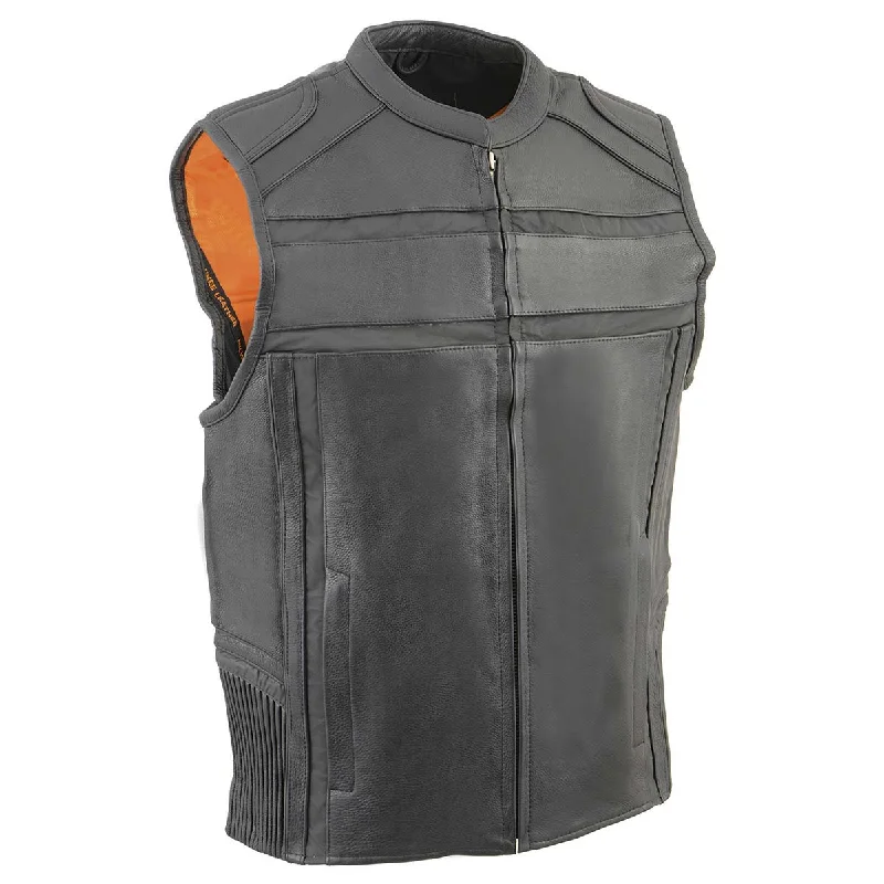 Stylish Apparel Milwaukee Leather MLM3560 Men's Black Leather Vest - Reflective Piping Elasticized Waist Open Neck Motorcycle Vest