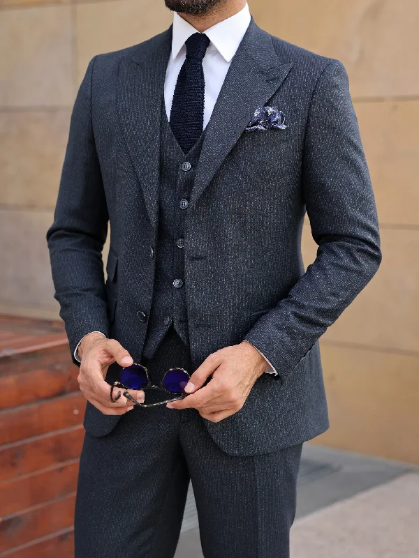 Casual Hoodies Navy Striped Slim-Fit Suit 3-Piece
