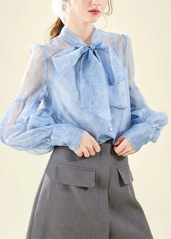 High Street Series Blue Print Patchwork Chiffon Shirts Spring