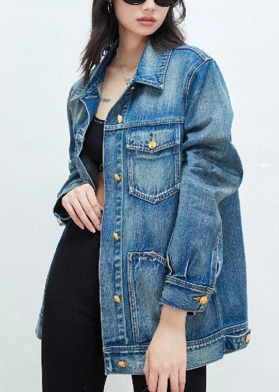 Elegant Wear New Blue Peter Pan Collar Button Patchwork Denim Coat Fall