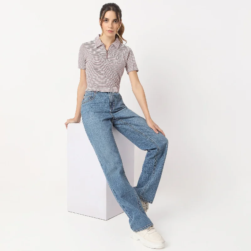 Basic Version Fitted Striped Polo Neck Betty Partial Zipper Opening T-Shirt