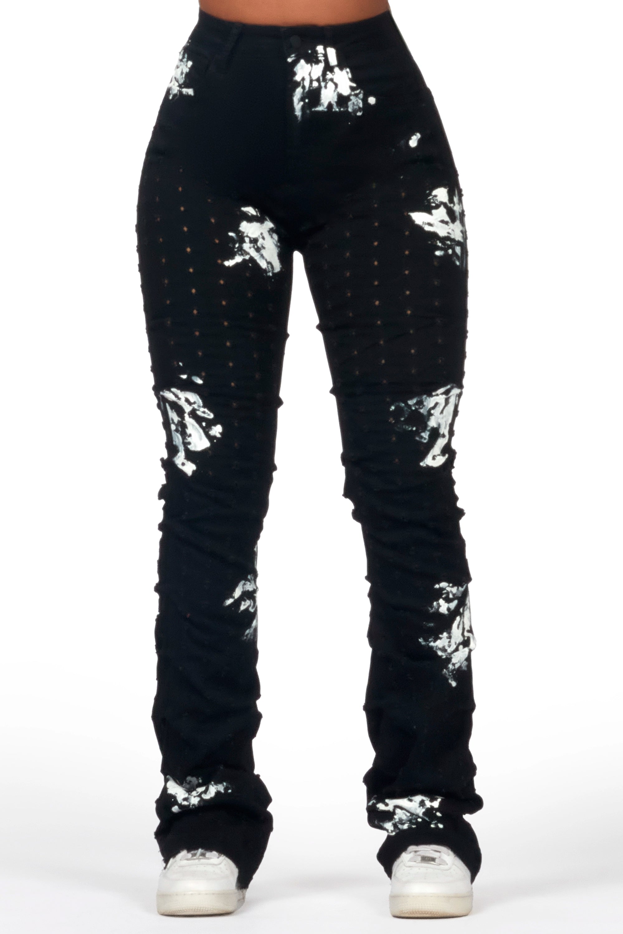 Editorial Design Sheriece Black Painted Stacked Flare Jean