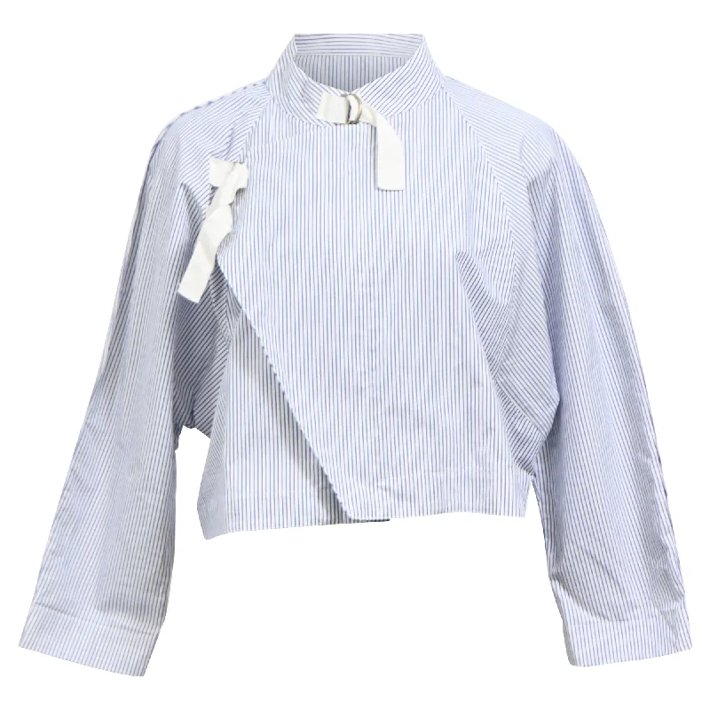 Fashion Design Sea New York Striped Blouse with Buckle in Light Blue Cotton