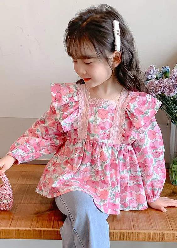 Versatile Items Chic Pink Ruffled Button Print Cotton Girls Shirt Long Sleeve