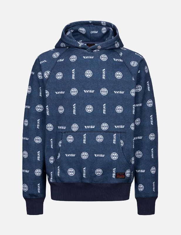 Effortless Style Allover Logo and Kamon Print Relax Fit Hoodie