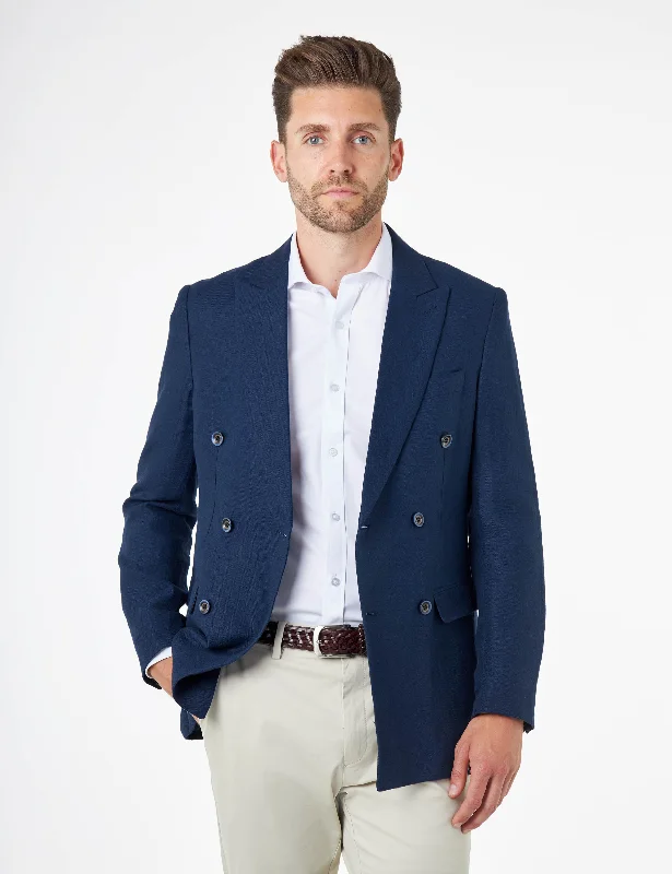 Effortless Comfort RAY - Tailored Fit Navy Herringbone Linen Double Breasted Jacket