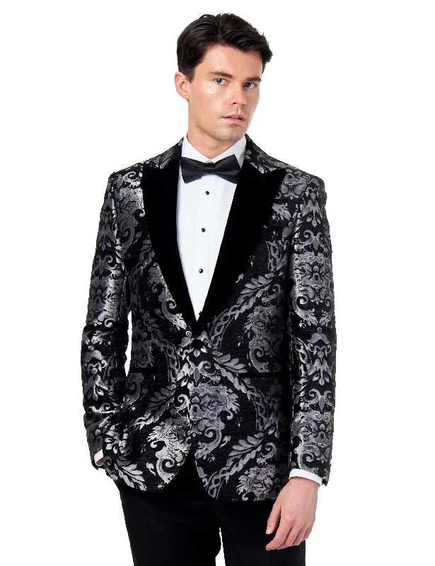Trendy Comfort GLEN – SILVER GREY PAISLEY BROCADE PRINT TUX JACKET