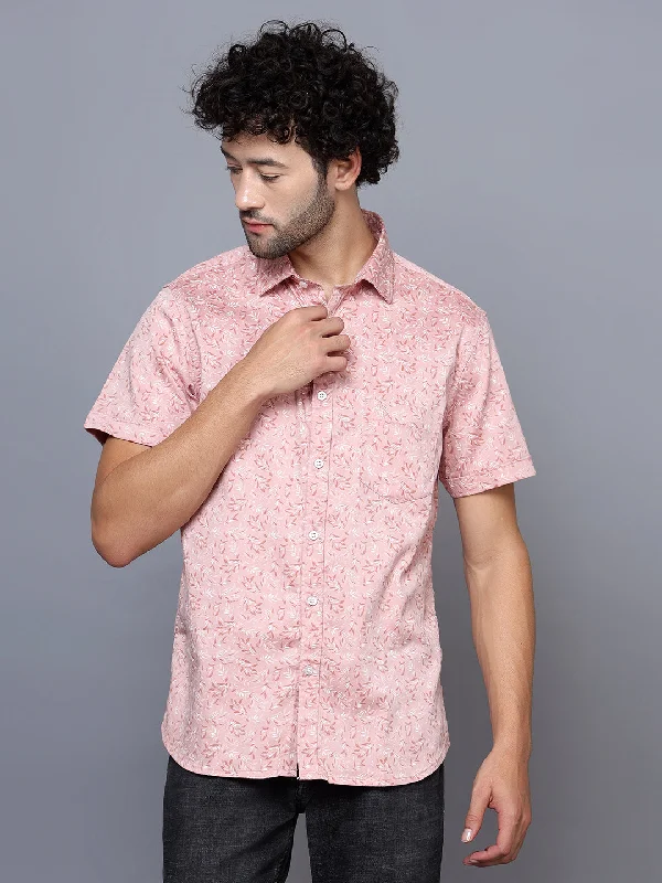 Premium Outfits Men's Pink Casual Floral Print Half Sleeve Shirt