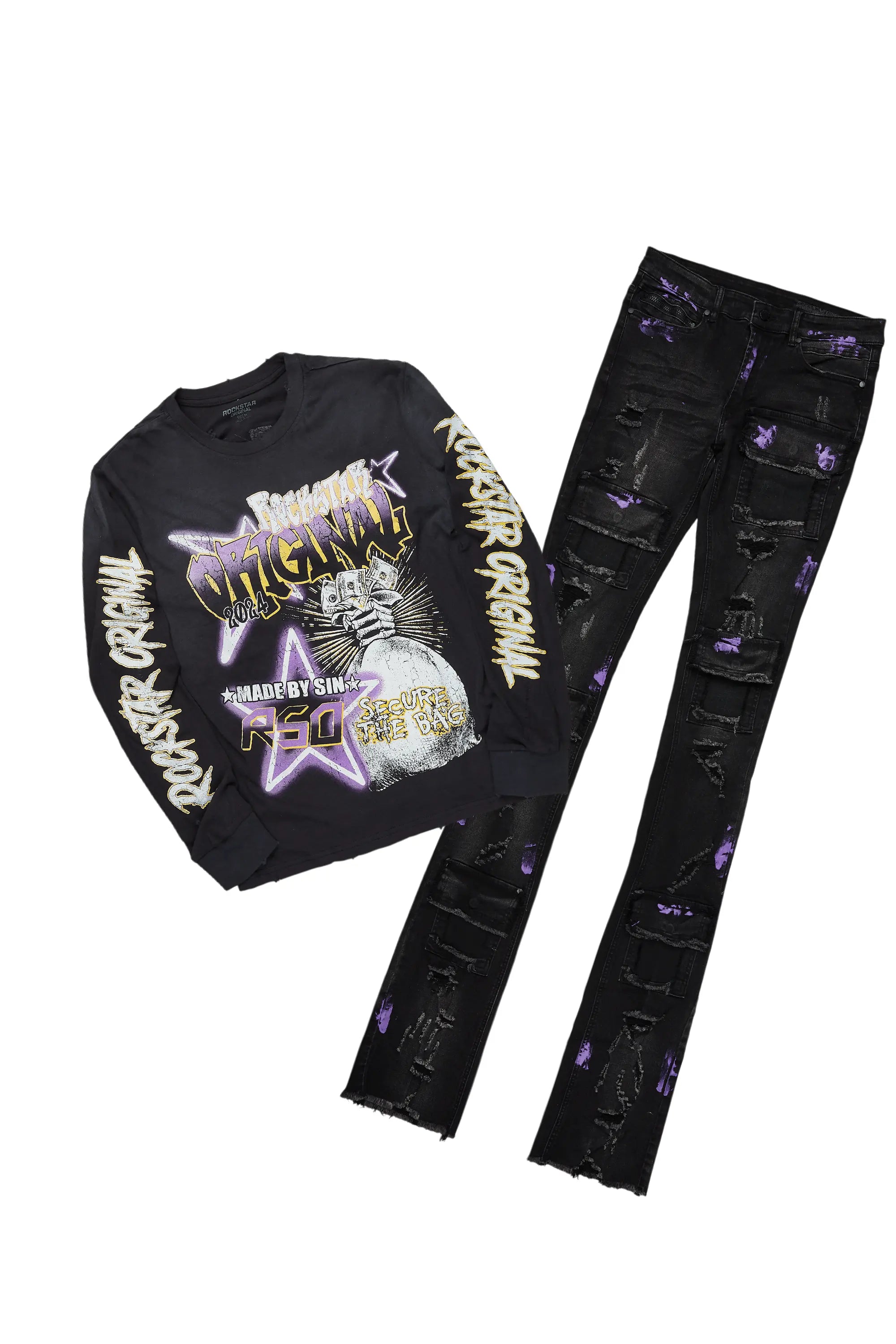 High-end Jackets Amelie Black Long Sleeve T-Shirt/Stacked Flare Jean Bundle