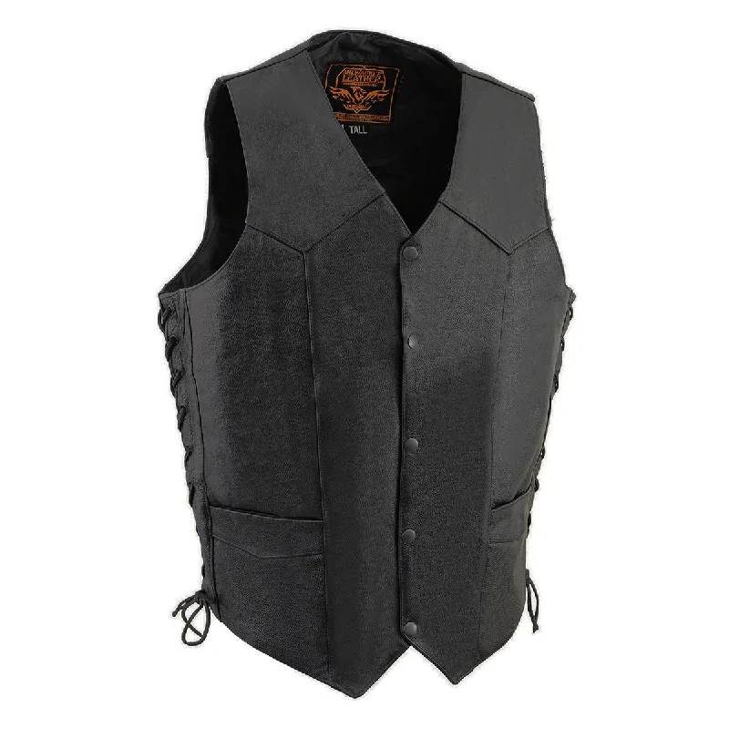 Functional Fashion Milwaukee Leather SH1315Tall Men's Classic Black Leather V-Neck Side Lace Motorcycle Rider Vest w/ Snap Closure