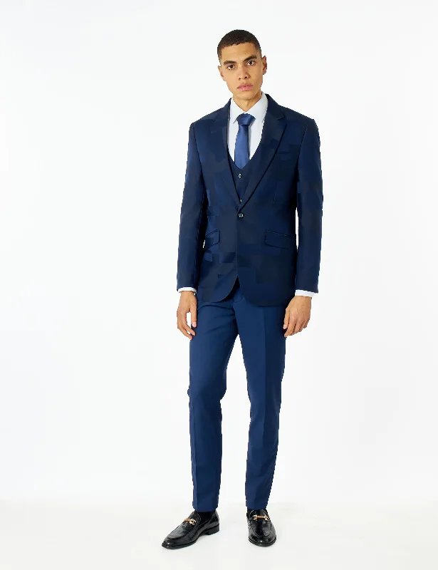 Basic Version NAVY BLUE GEO PATTERN DETAILED 3 PIECE SUIT