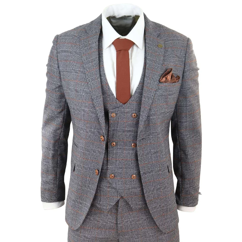 Sporty Wardrobe Grey Tweed 3 Piece Suit Prince Of Wales Check Slim Fit Double Breast Waistcoat