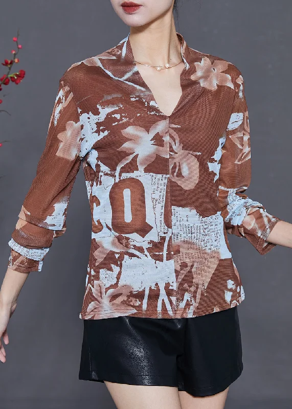 Personalized Series Bohemian Khaki V Neck Print Tulle Shirt Tops Summer