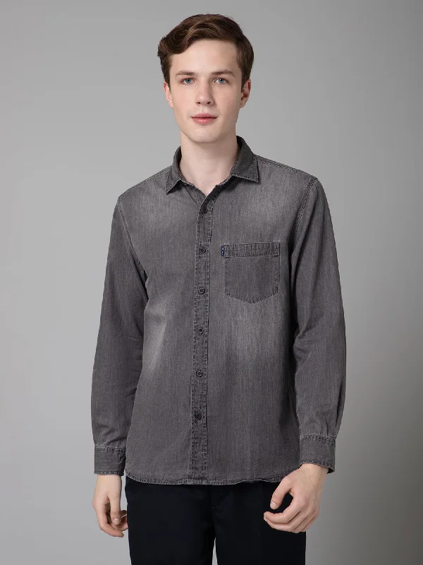 Heavy Coats Men's Black Casual Denim Full Sleeve Shirt