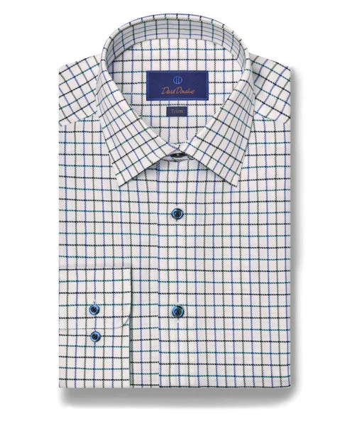 Classic Casual David Donahue White & Green Windowpane Dress Shirt