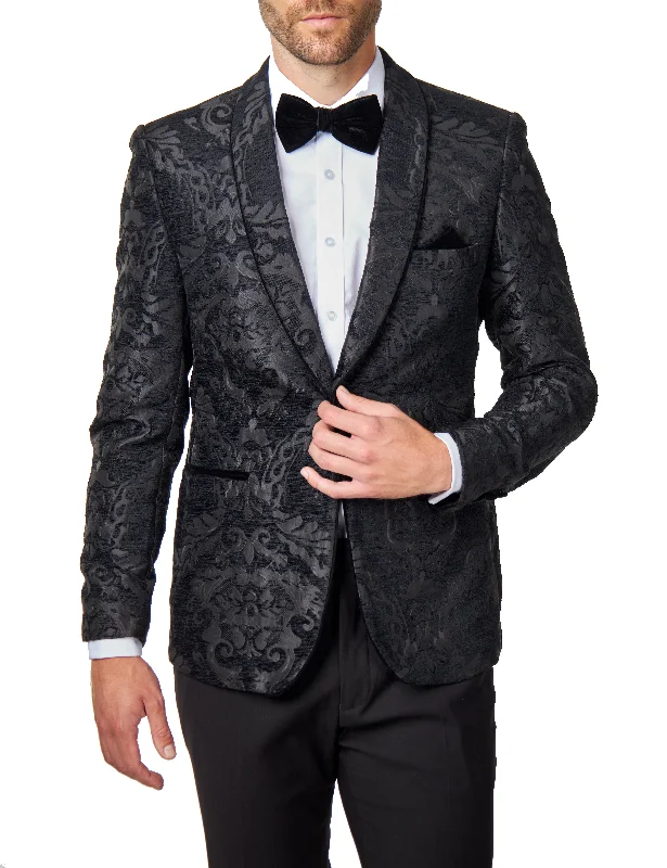 Comfortable Outfits GLEN - Black Floral Foliage Jacquard Tuxedo Jacket