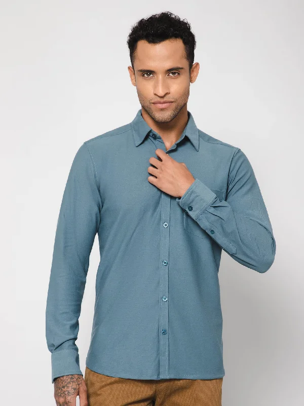 Timeless Style Men's Teal Blue Casual Knit Self Textured Full Sleeve Shirt