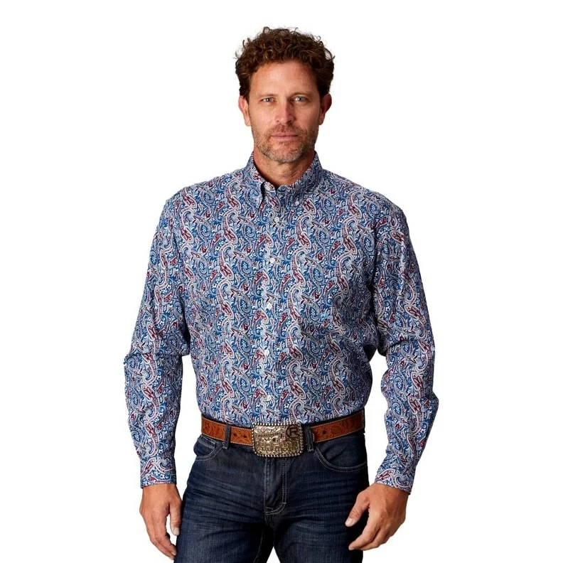 Tailored Comfort Roper Western Shirt Mens L/S Button Print Blue 03-001-0326-4035 BU