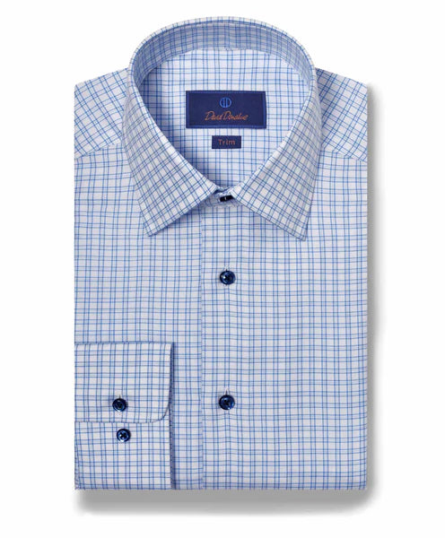 Retro Style David Donahue Sky & White Basketweave Check Dress Shirt (Trim Fit)