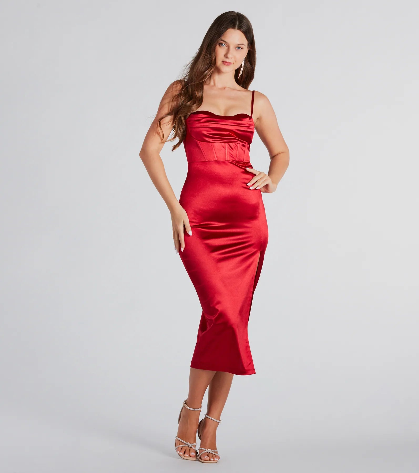 Energy Wear Alena Formal Satin Cowl Neck Midi Dress