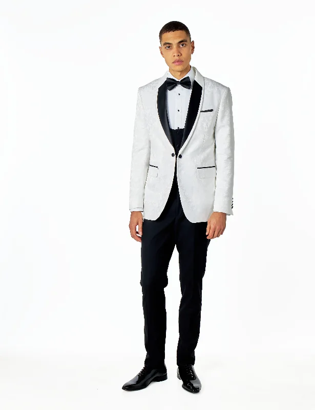 Simple Design BRUCE – 3 PIECE TUXEDO SUIT WHITE FLORAL PAISLEY PRINT