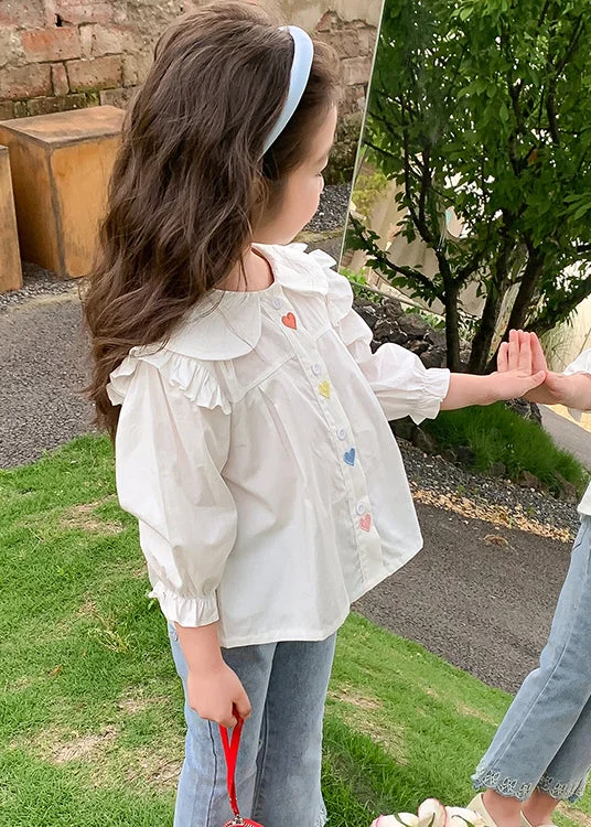 Cute Design Elegant White Ruffled Button Cotton Girls Shirt Flare Sleeve