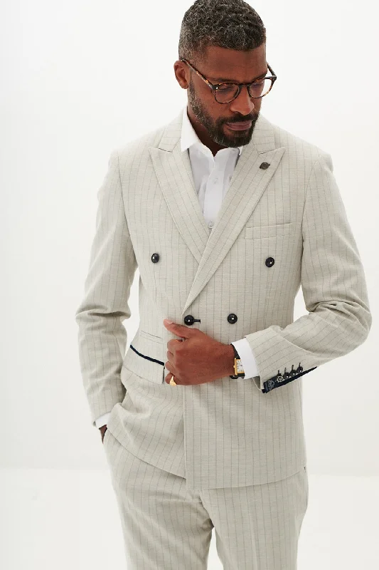 Practical Clothing GRANT - Stone Double Breasted Pinstripe Blazer