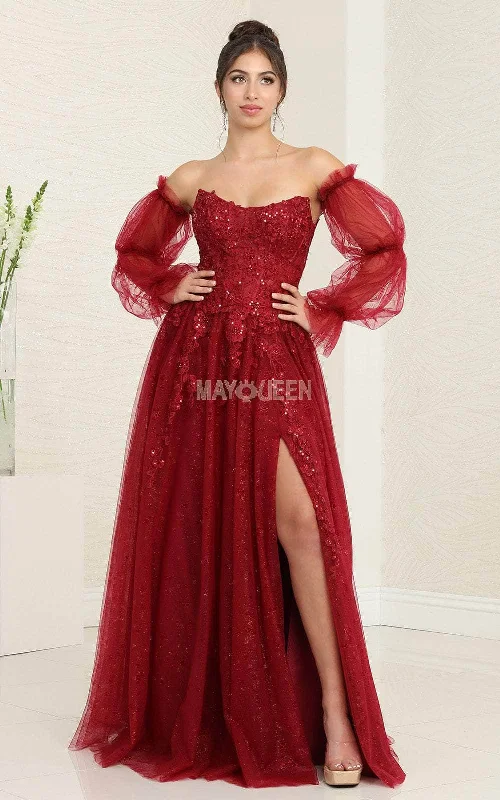 Exquisite Embroidery May Queen RQ8060 - Strapless Detachable Sleeve Prom Gown