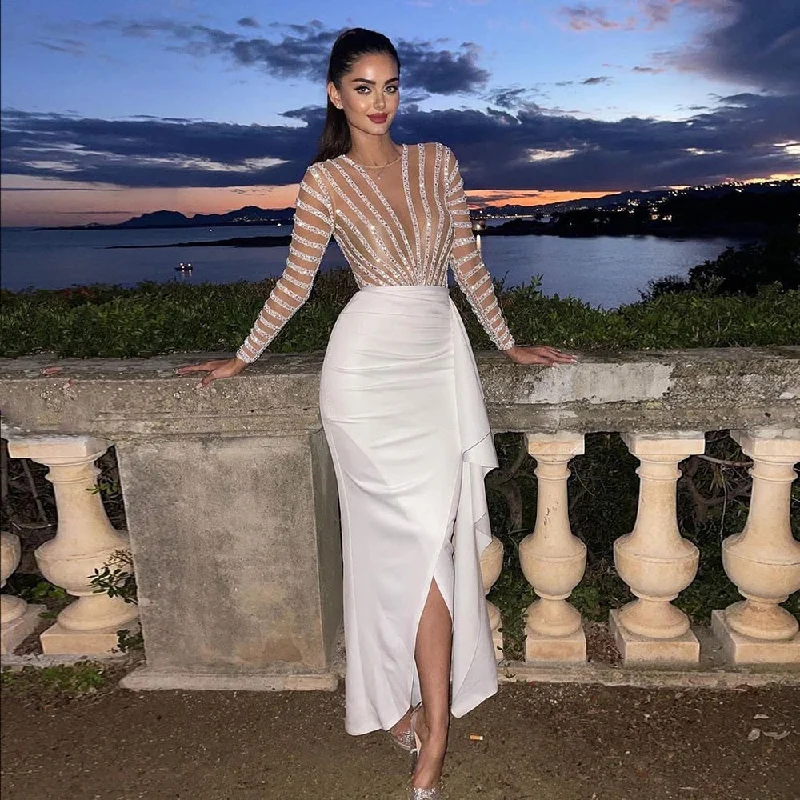 Tropical Style For Sale White Mermaid Long Sleeves Evening Dress SS270