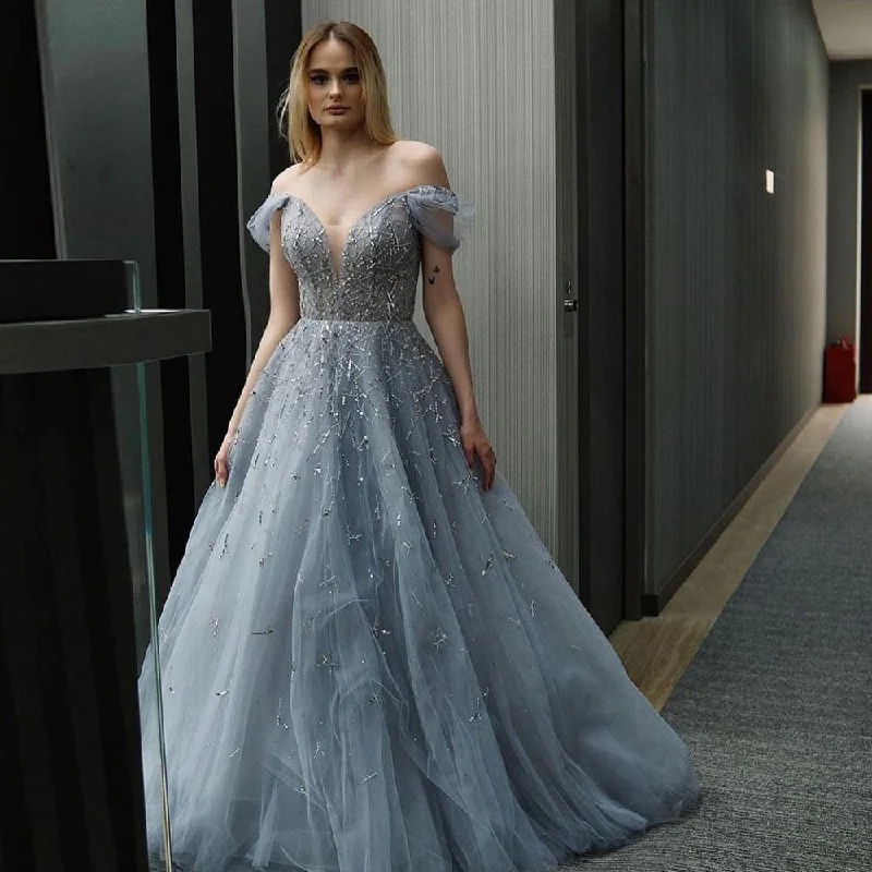 Editorial Design For Sale Elegant Off Shoulder Blue Evening Dress SS342