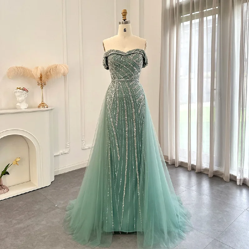 Classic Retro For Sale Off Shoulder Sage Green Overskirt Evening Dress SS244