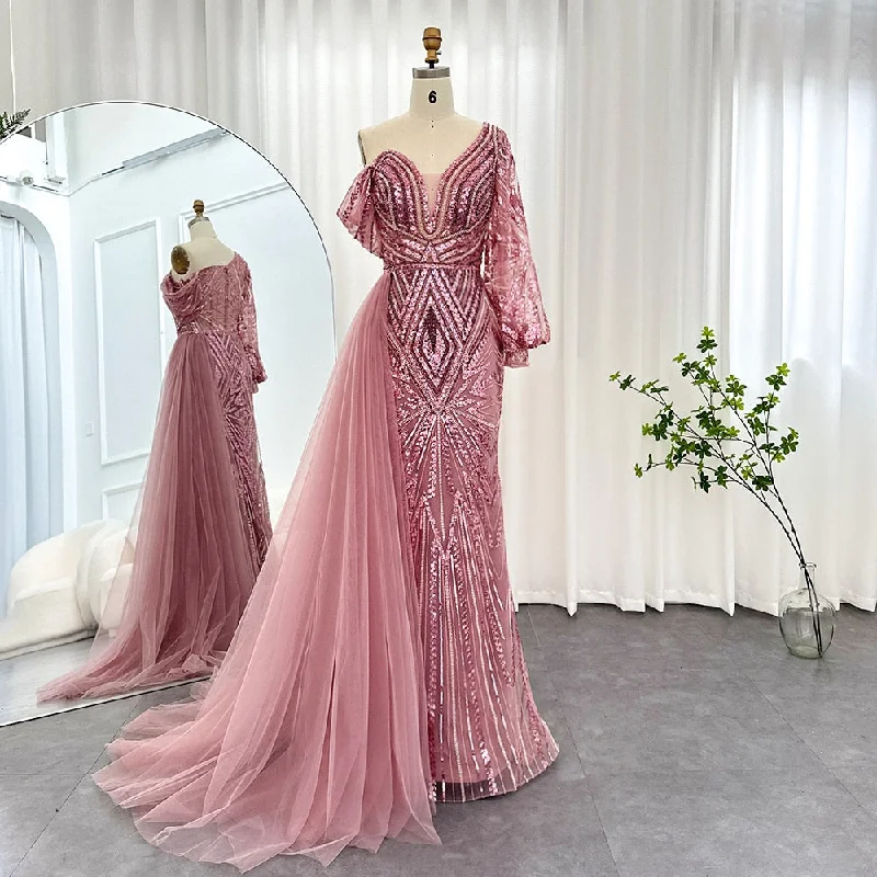 Simple Design Luxury One Shoulder Mermaid Pink Evening Dress with Overskirt SS150
